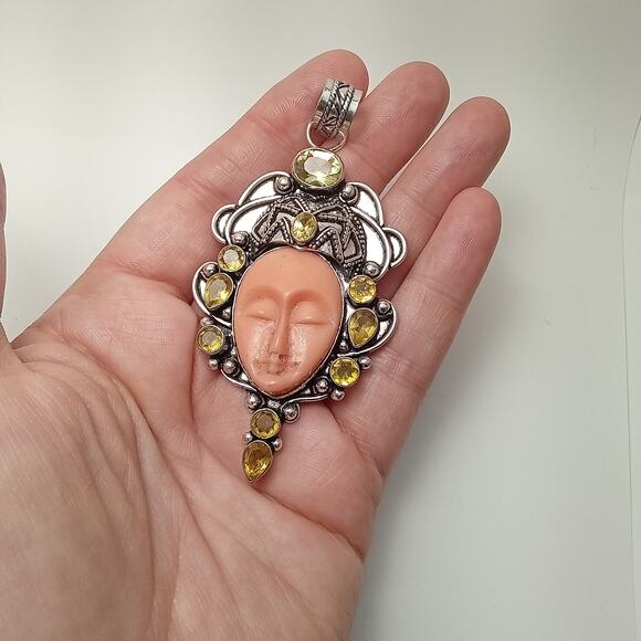 Sterling Silver Bali Goddess Pendant with Pink Carved Face and Citrine Gems - Picture 5 of 9